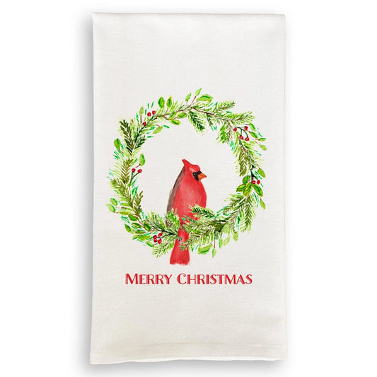 Tea Towel - Cardinal Wreath Merry Christmas