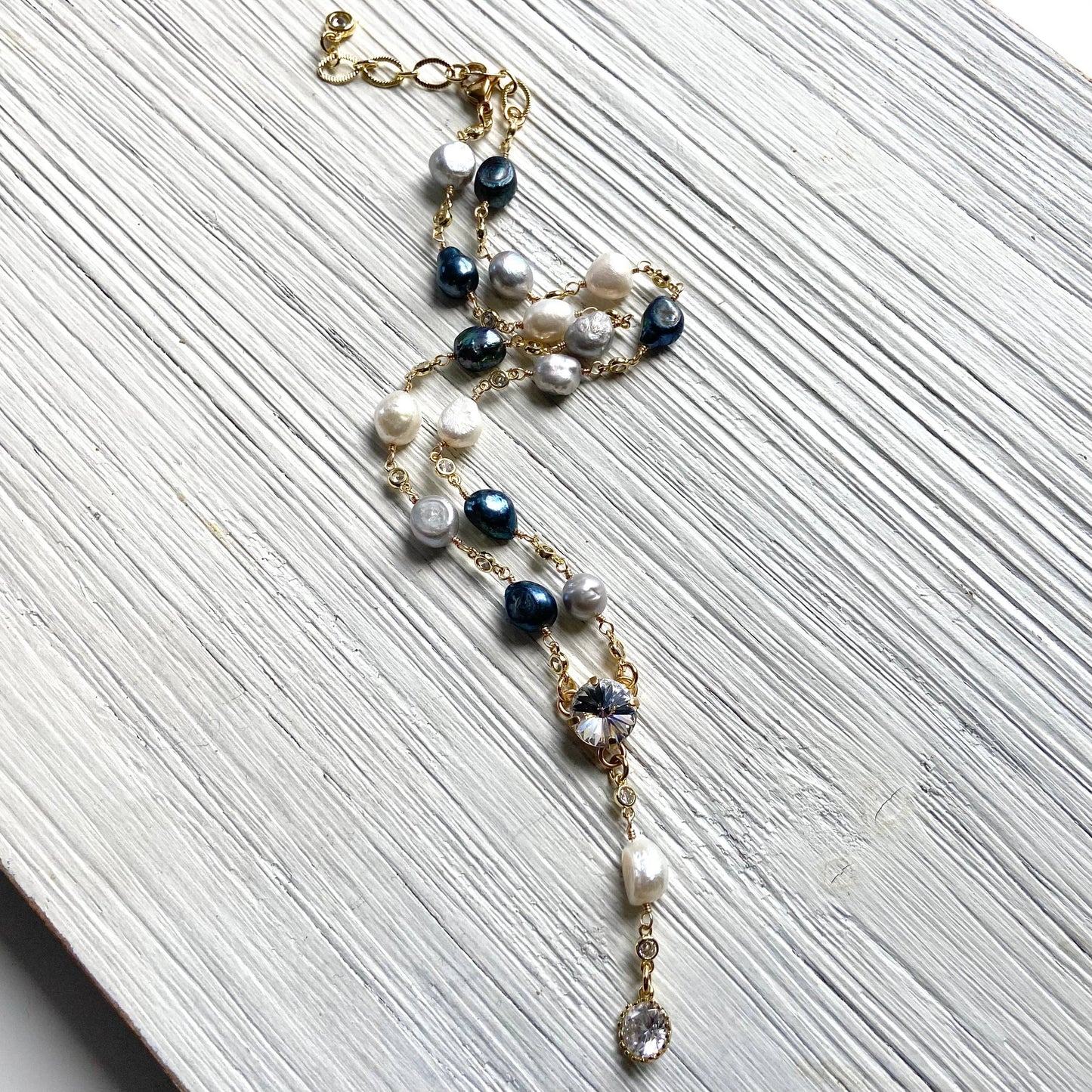 Denim Pearl Mix Crystal Drop Necklace