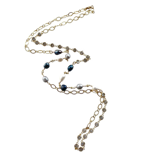 Denim Pearl Crystal Layering Necklace