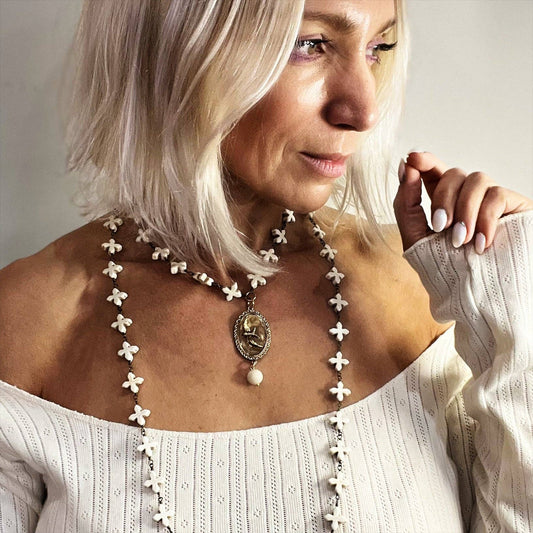 Sparrow Necklace with Howlite Cross Beads