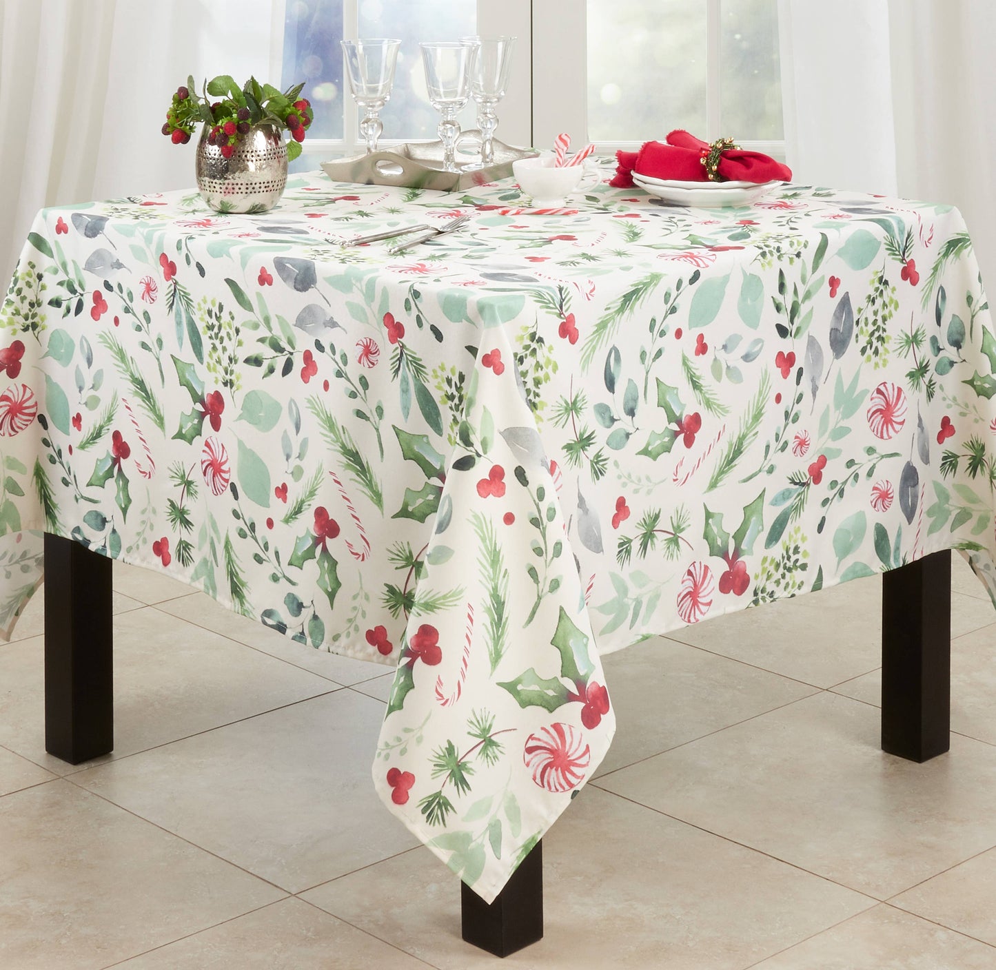 Christmas Foliage and Candy Canes Tablecloth