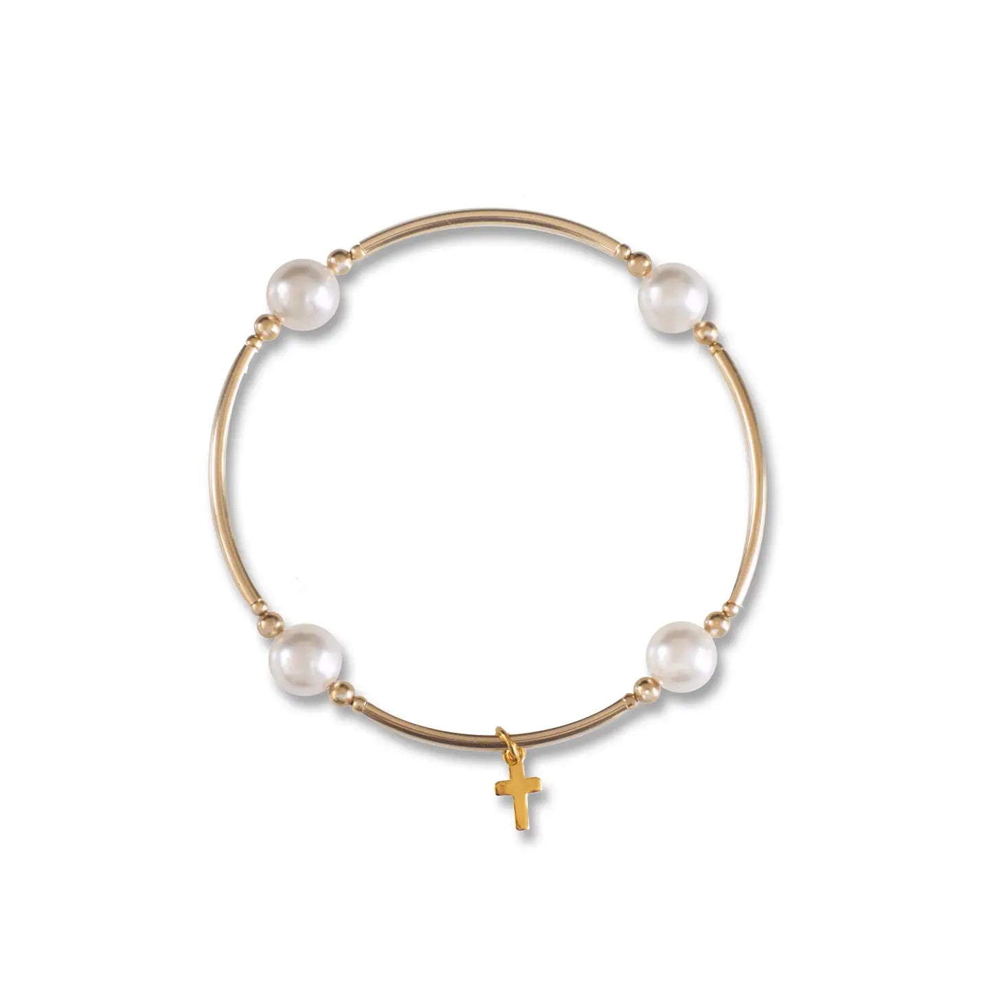 8mm White Pearl w Cross Charm LARGE Size Blessing Bracelet with 14k Gold Filled Tubes