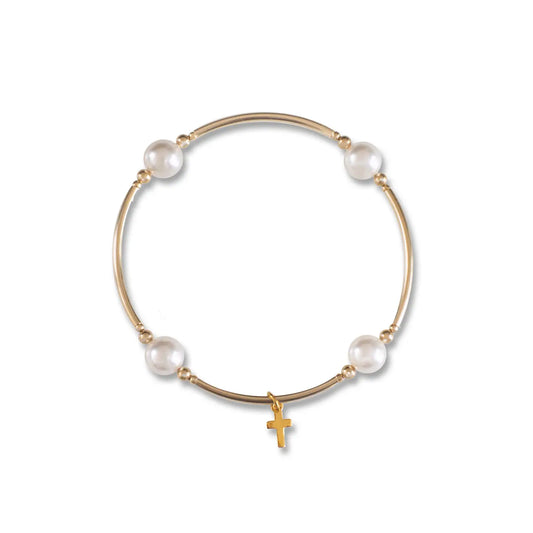 8mm White Pearl w Cross Charm LARGE Size Blessing Bracelet with 14k Gold Filled Tubes